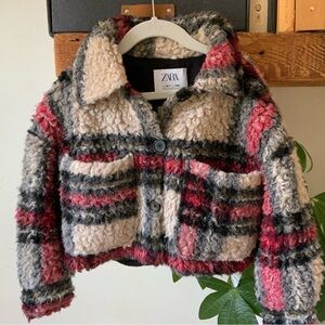 Zara Kids Fuzzy Plaid Coat - Red, Black, Cream